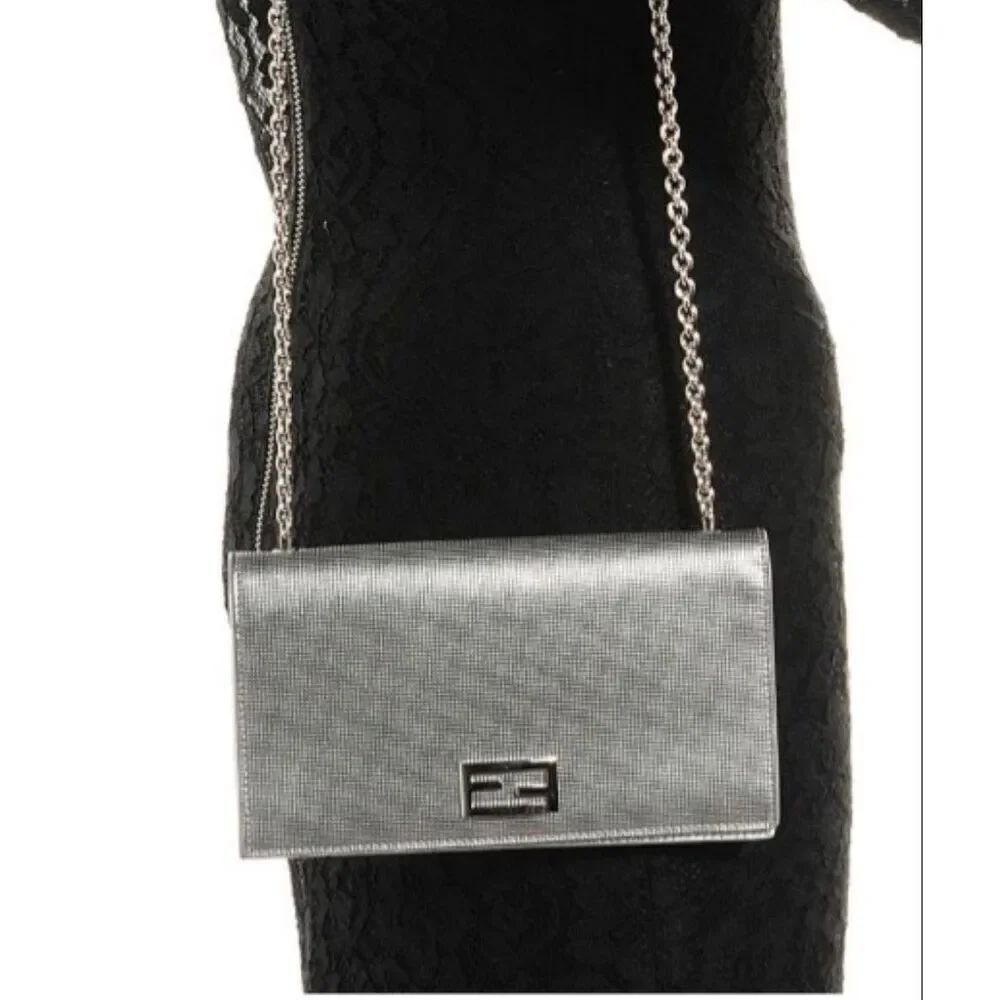 FENDI Metallic Calfskin Wallet On Chain Silver Clutch Purse AUTHENTIC $3800